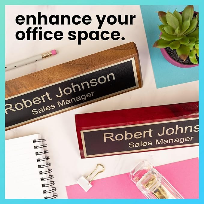 ExcelMark Personalized Rosewood Business Desk Black Name Plate with Gold Letters - 2"x 8"