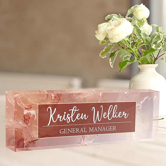Desk Name Plate Personalized, Premium Pink Marble Acrylic Desk Name Plate, Personalized Name Plate for Desk, Office Decor for Women or Men Coworkers, Boss, Employee, Teacher