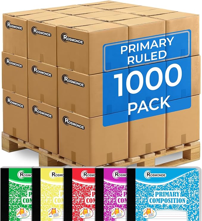 Rosmonde 1000 Pack (Pallet) Primary Composition Notebook Bulk, K-2 Primary Journal with Drawing Space, 9-3/4 x 7-1/2, 100 Sheets (200 Pages), Grades K-2, Bulk Notebooks for School, 4-7 Days Transit