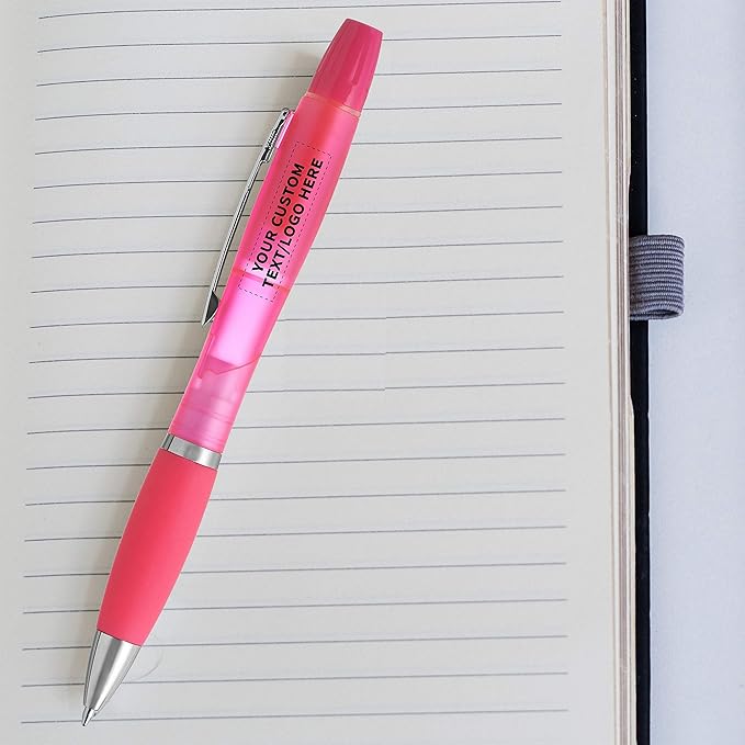 DISCOUNT PROMOS Personalized Two in one Highlighter Pens - 10 pack - Plastic Pens - Customizable Text, Logo - Pink
