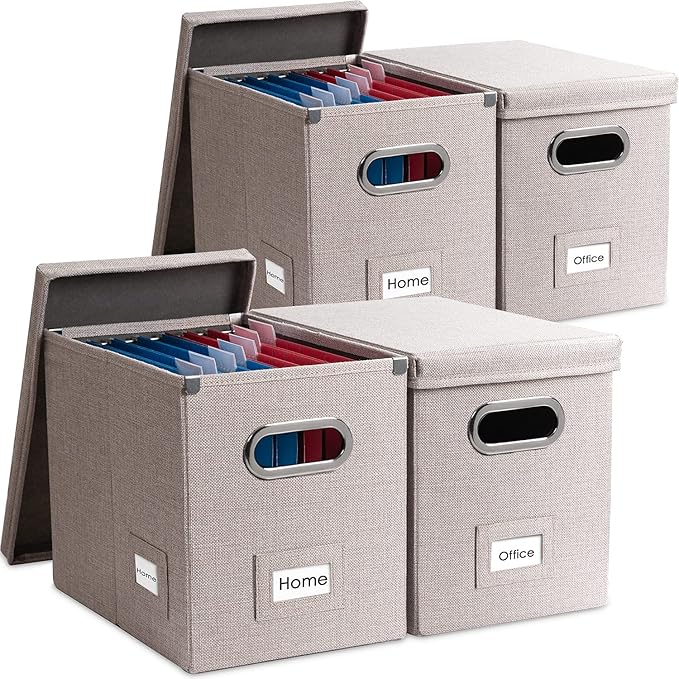 PRANDOM File Organizer Box - Set of 4 Collapsible Decorative Linen Filing Storage Hanging File Folders with Lids Office Cabinet Letter Size Light Grey (14x9.3x10.8 inch)