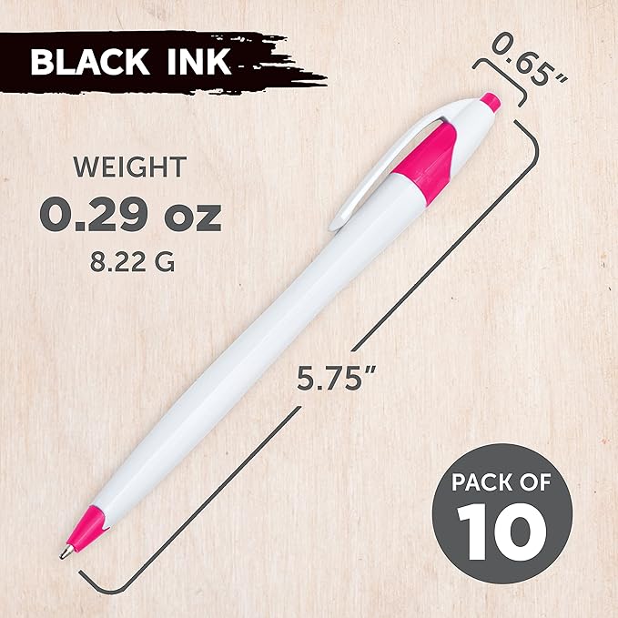 DISCOUNT PROMOS Slim Curvy Ballpoint Pens Set of 10, Bulk Pack - Black Ink, Retractable, Great for Office, School, Tradeshows - Pink