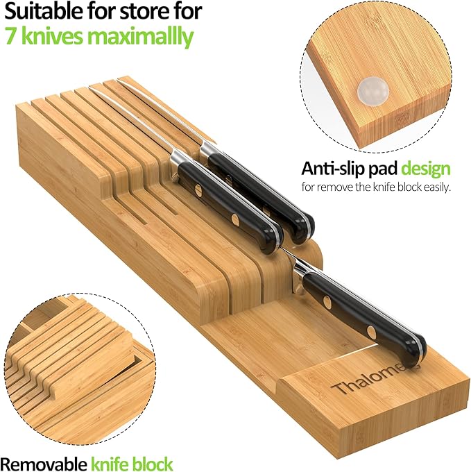 Bamboo Kitchen Drawer Organizer, Expandable Silverware Organizer with Removable Knife Block, 6-8 Slots- Utensil Holder & Cutlery Tray Drawer Dividers, 2.36" Deep for Extra Capacity, Natural