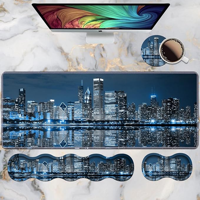 Ergonomic Keyboard Wrist Rest & Mouse Pad Wrist Rest Set, Large XXL Gaming Desk Mat 31.5"x 11.8", Non-Slip Base, Memory Foam, Easy Typing Pain Relief for Office & Home, Chicago Skyline Night View