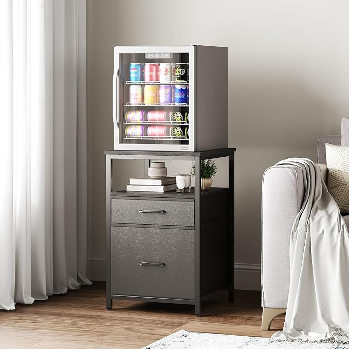 Mini Fridge Stand with 3 Storage, Mini Fridge Cabinet, Beverage Fridge Table, Heavy Duty 18.11" L* 18.11" W Tabletop, for Dorm, Apartment,Office, Bedroom White HB03BXB