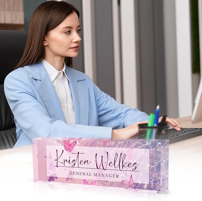 Personalized Office Name Plate, Custom Name Plate for Desks, Office Desk Decorations Gift for Women Men, Acrylic Desk Name Plate for Teacher Coworkers Staff Boss (Butterfly Sea)