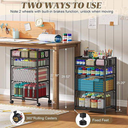 4-Tier Rolling Utility Cart with 3 Drawers, Craft Organizer and Storage with DIY Divider, Art-Craft Supplies with Caster Wheels, Multi-Functional Storage for Classroom, Office, Paints, Artifacts