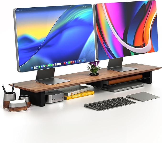 Solid Wood Dual Monitor Stand Riser – 43" Walnut Desk Shelf for 2 Monitors with Tray & Wool Felt, Organizer for Desktop, Laptop and Office (Solid Walnut)