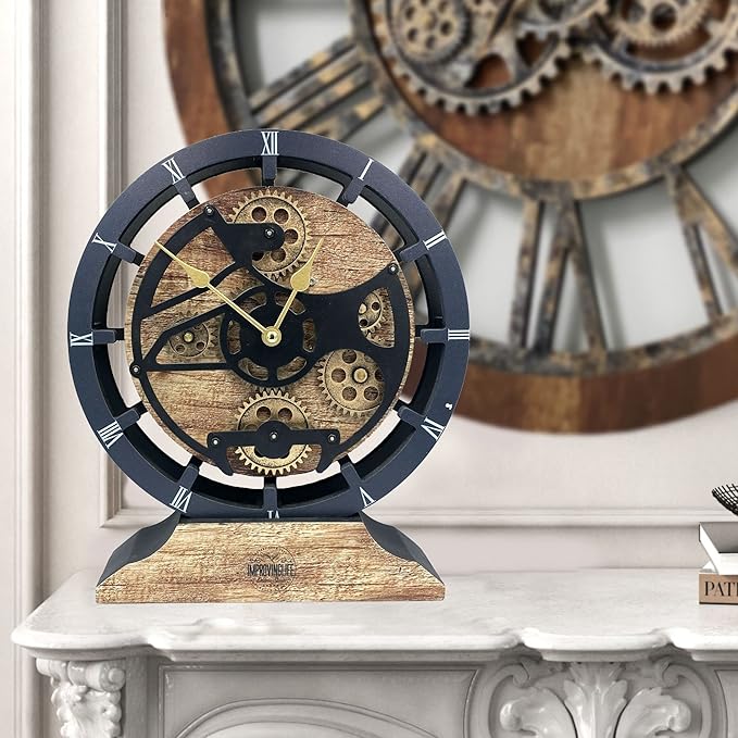 ImprovingLife The Gears Clock Desk Clock 10 inches with Real Moving Gears Convertible into Wall Clock (Vintage Brown)