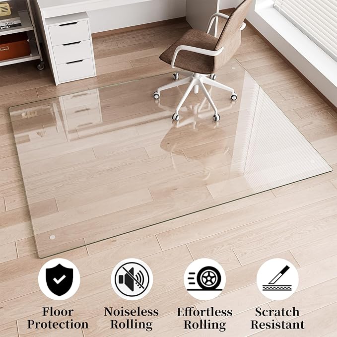 FlyEcho Glass Chair Mat 60" x 80" Heavy Duty Tempered Glass Mat, Office Glass Floor Mat with Polished Edge and Round Corner for Smooth Glide, Carpet Hardwood Floor Protector