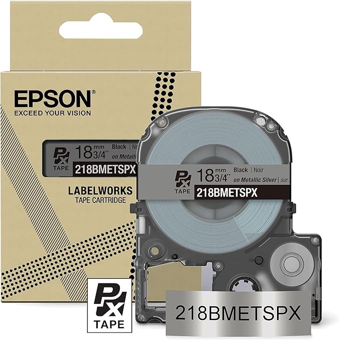 Epson LABELWORKS 218BMETSPX Genuine PET (Polyester) Tape Cartridge - Black on Metallic Silver Designer Craft Label Maker Tape - 3/4" (18MM) Wide, 30'
