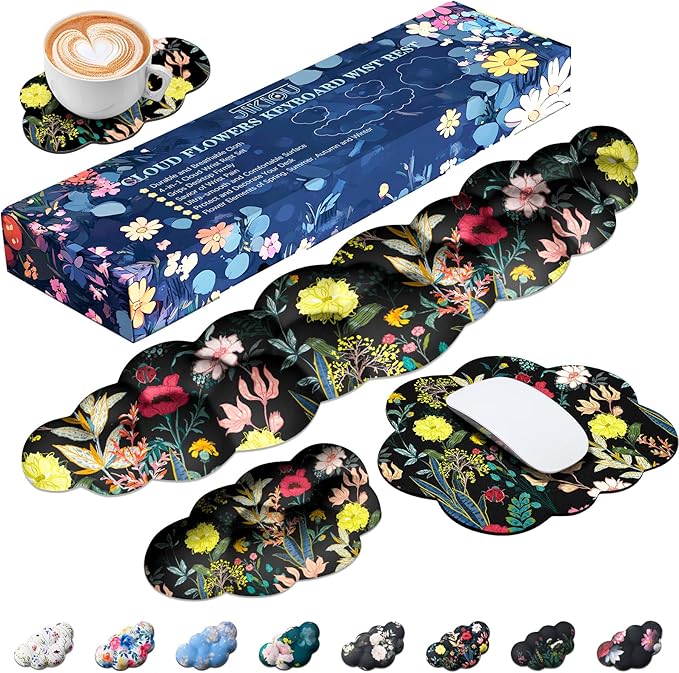 JIKIOU Cloud Wrist Rest Keyboard, Cloud Keyboard Wrist Pad Set with Comfortable Cloth, Cute Arm Rest for Palm Support, PC/Gaming Desk Accessories/Office Setup/Computer Hand Cushion Black Flowers