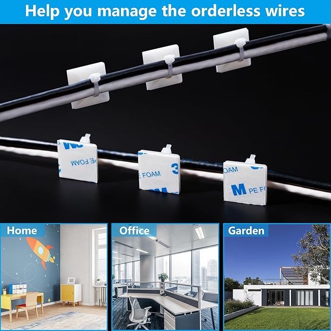 Cable Tie Mounts, Adhesive-Backed, 1 Inch, for Cable Management, Cable Tie Anchors, 100 Pack, White