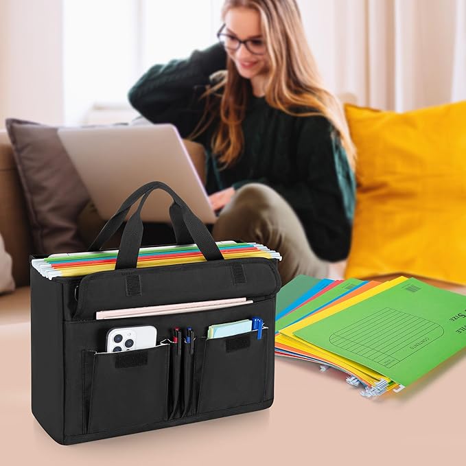 LoDrid Portable File Box with Handle, Foldable Bag for Legal Size File Folder, Separated Storage Laptop Layer (up to 15.6 Inch), Black, Bag Only(Patent Design)