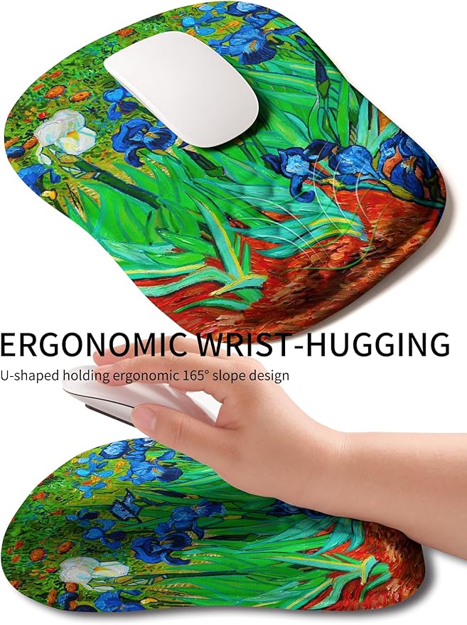 Hokafenle Ergonomic Wrist-Hugging Mouse Pad Wrist Support, U-Shaped Holding Wrist Rest Mousepad for Carpal Tunnel Pain Relief with Cushioned Memory Foam Slope Massage Bulge (10.2x8.3 in,Iris Flower)