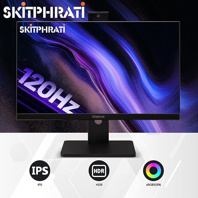 SKitphrati 23.8” Business Webcam Gaming Monitor, 1080P IPS 120HZ, Video Conference Monitor - Built-in Adjustable 3MP Webcam, Mic Array, Speakers, Eye Care, Frameless, HDMI, DP, VGA, USB 2.0