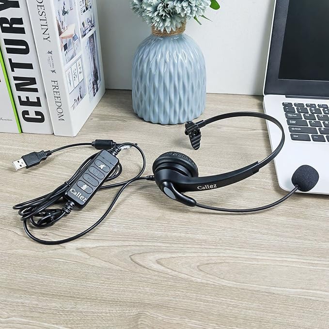 Callez USB Headset with Noise Cancelling Mic & Mute Controls, Mono Computer Headphones for Laptop PC Skype Zoom Webinar Business Call Center Home Office, Clear Chat, Super Lightweight (C500U3)
