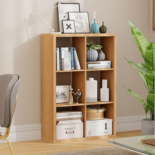 6 Cube Storage Organizer, 2x3 Cube Bookshelf, Cubby Storage Shelf, Wooden Organizer Shelf with Thickened Boards, for Closet Bedroom Home Office Living Room, 36.93" L x 9.37" W x 25.12" H, Natural-Oak