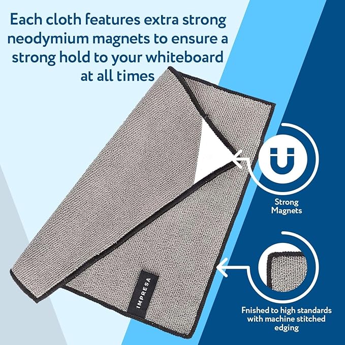 IMPRESA Magnetic Microfiber Dry Erase Cloth Erasers - 10 in x 10 in, Pack of 4, White - Streak-Free Whiteboard Eraser - Strong Magnetic Grip Dry Erase Board Cleaner - Machine-Stitched Microfiber Cloth