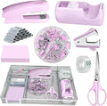 Purple Office Desk Accessories,Purple Office Supplies Set,Stapler and Tape Dispenser Set,Tape,Staple Remover, Staples,Paper Clips,Scissor,Sticky Note and Desk Drawer Organizer