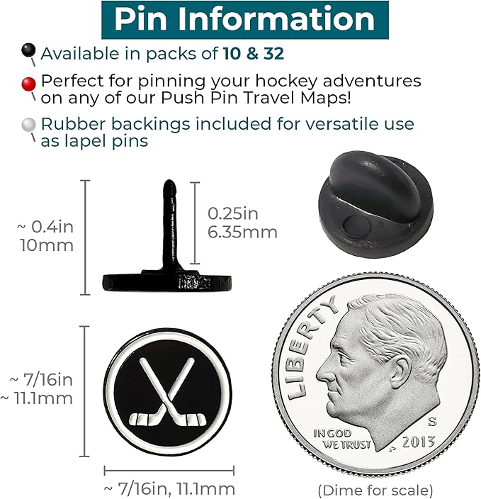 Hockey Puck Push Push Pins, for Cork Board, Maps, or Lapel Pin Use, Designed in The USA, Hockey Pins, Set of 32