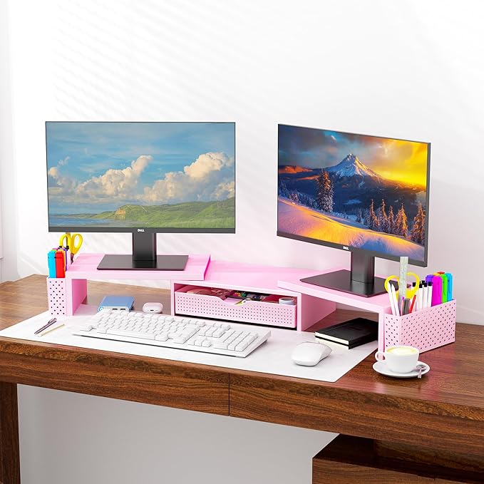 Spacrea Metal Desk Organizers and Accessories, Dual Monitor Stand Riser with Drawer and 2 Pen Holders, Desk Accessories & Workspace Desktop Organizers for Office Supplies (Pink)