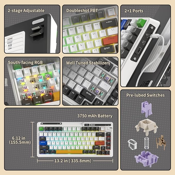 KZZI K75 PRO RGB 75% Wireless Gasket Mechanical Keyboard, Triple Mode BT 5.0/2.4G/USB-C 82 Keys Hot Swappable Gaming Keyboard w/Knob & Power Display, Custom Linear Switches, Black White