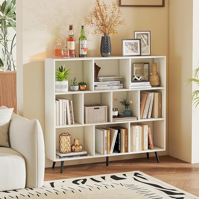 Tangkula 10-Cube Bookcase, Modern 47”L Storage Bookshelf with 5 Tapered Metal Legs & 2 Anti-Tip Kit, Freestanding Display Rack for Living Room, Study Room (White, 10-Cube)