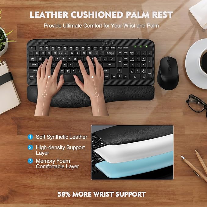 Wireless Keyboard and Mouse Combo, Wave Keys Full-Sized Ergonomic Keyboard with Cushioned Plam Rest, Phone Holder, Comfortable Natural Typing, 2.4G Cordless Set for Computer, Laptop, PC, Mac, Windows
