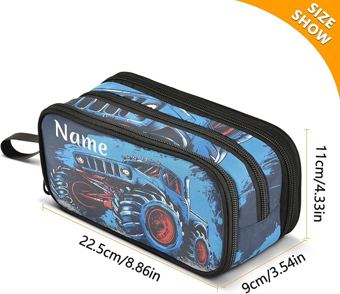 Custom Monster Truck Blue Pencil Case Box Boys Girls Personalized Name Large Pencil Pouch Stationery Pen Bag Organizer for Kids Adults School Office