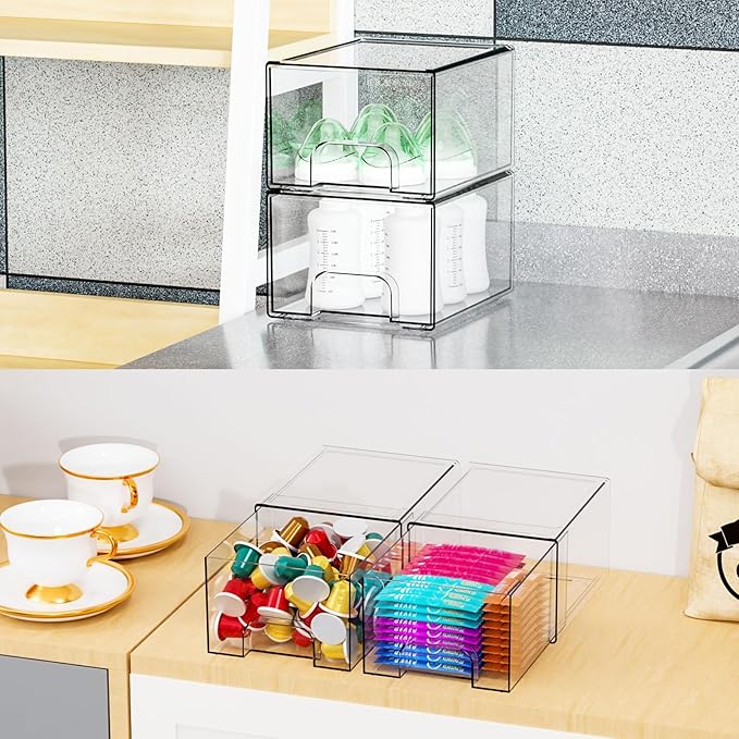 4.4" Tall Small Clear Acrylic Stackable Storage Drawers for Vanity,Under Sink,Bathroom Closet,Medicine Cabinet Organization and Plastic Storage Bins for Organizing Makeup,Baby Bottles,Pacifier,2 PCS