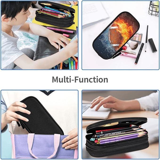 Sports-Themed Pencil Case with Football for Boys Girls, Big Capacity Black Pencil Pouch, Cool Pencil Bag with Zipper Portable Travel Storage Box Desk Pen Bag for Office