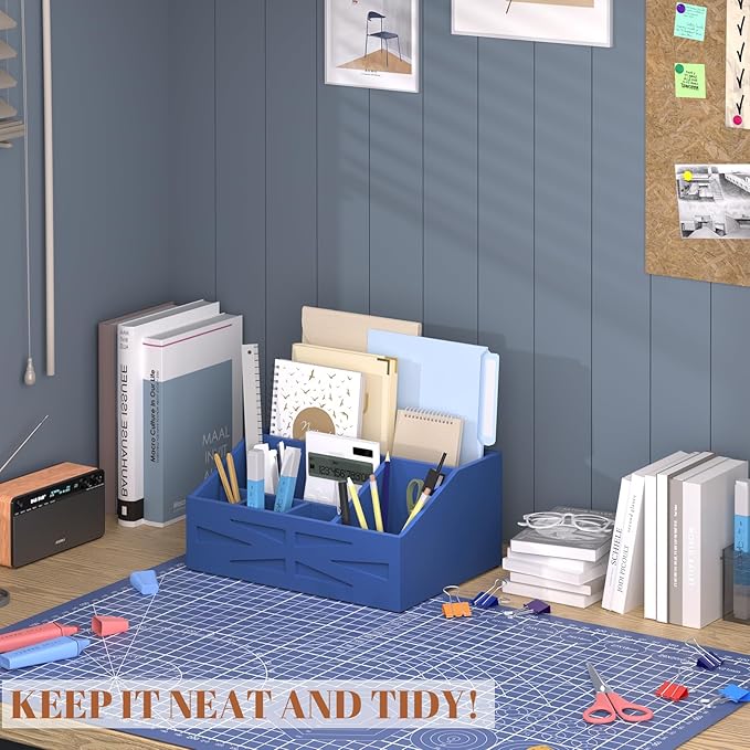 Wood Mail Organizer Countertop,Farmhouse Desk and Kitchen Countertop Storage, Letter Sorter, Desk Mail and Bill Organizer, Desktop File and Paper Holder (Blue)