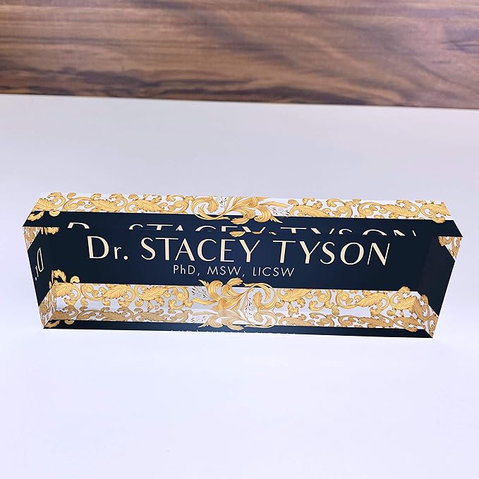 Artblox Office Desk Name Plate Personalized | Custom Name Plates For Desks | Leaf Gold Design On Clear Acrylic Glass | Cute Office Desk Accessories Customized Gifts - (8" x 2.5")