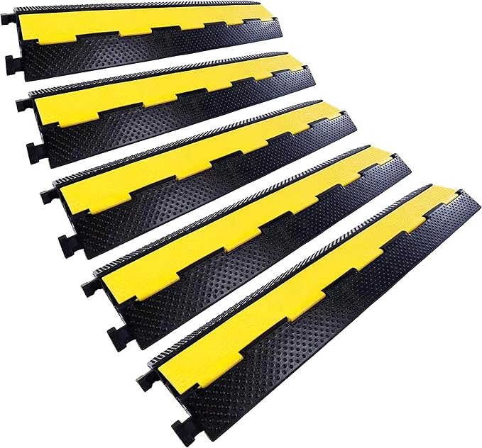 Rubber Cable Ramp Cord Cover Cable Protector Ramps Wire Hose Protective 2 Channel 22000Lbs Load Capacity Traffic Speed Bump for Asphalt Concrete Gravel Driveway Indoor Outdoor, 5 Pack
