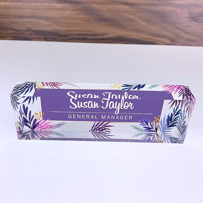 Artblox Office Desk Name Plate Personalized | Custom Name Plates for Desks | Purple Leaf Design On Clear Acrylic Glass | Office Desk Decor - (8" x 2.5")