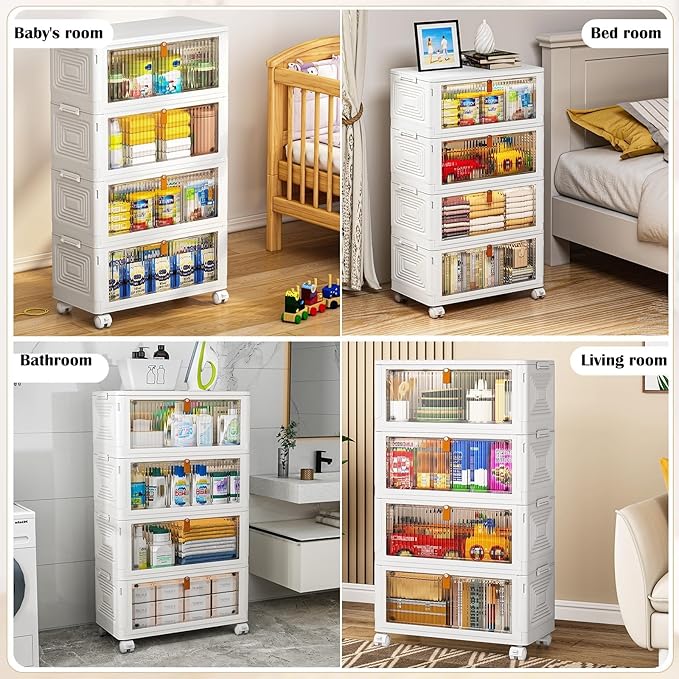 4 Tier Plastic Storage Bins with Lid 35QT, Stackable Storage Containers with Wheels, Folding Boxes, Collapsible Bins, Closet Organizers and for Living Room,Office,Dorm