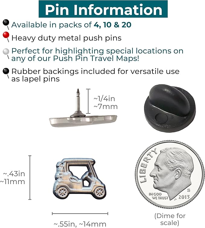 Golf Cart Push Pins - Silver Golf Cart Map Pins for Cork Boards, Maps, or Lapel Use - Designed in USA - Set of 10