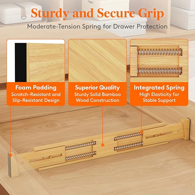 Lifewit 8 Pack Bamboo Drawer Dividers 2.4" High, 17.5-22" Kitchen Drawer Organizers, Adjustable Wooden Drawer Dividers for Clothes, Expandable Drawer Separators for Dresser, Bedroom, Bathroom, Cabinet