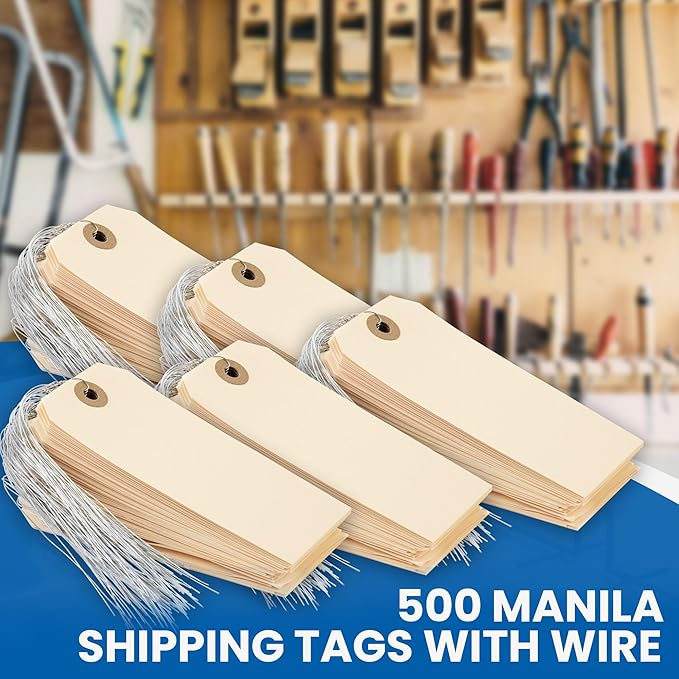 Perco Manila Shipping Tags with Metal Wires — Large Durable Blank Paper Tags 4¾″ x 2⅜″ — Ideal for Labeling and Inventory Use — Box of 500