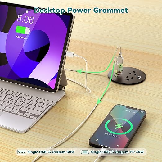 QBA Recessed Power Grommet with HDMI Port, 35W USB C Fast Charing, 3-inch Desk Power Outlet, 2 Outlets, 4 USB Ports, Flush Mount for Furniture Cabinet Home Office, ETL Listed