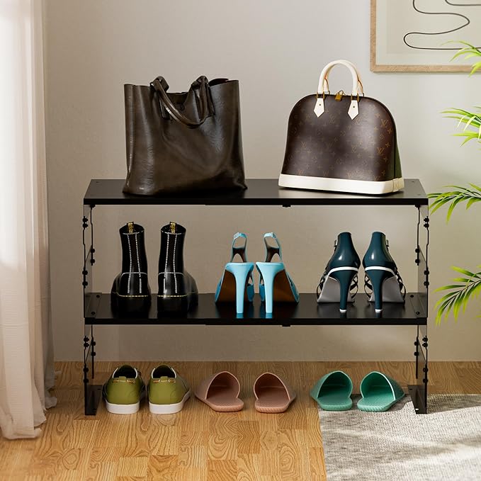 Adjustable Metal Bedside Shelf – Stackable Shelf for Bedroom, Living Room, Office, Space-Saving Storage Organizer, Easy Assembly，Sleek Matches Any Decor(2PACKS/Black)