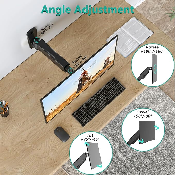 WALI Monitor Wall Mount 27+ inch, Wall Mount Monitor Arm Fits 1 Screen up to 32 inch, Single Monitors Mount Holds up to 19.8lbs, Gas Spring Monitors Arm Max Extension 13.4 inch,(GSWM001S), Black