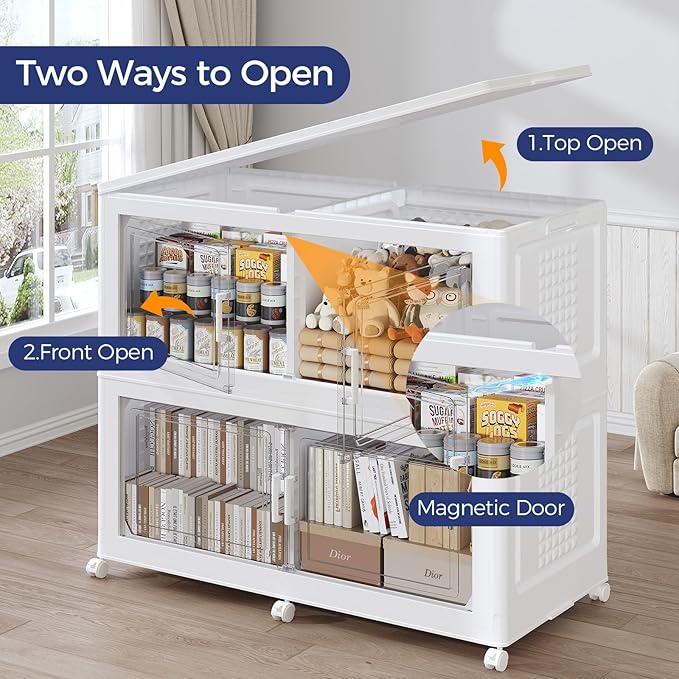 120GAL Storage Bins with Lid and Wheels, Stackable Closet Organizers and Storage Drawer, Collapsible Storage Box with Dividers, Foldable Plastic Cabinets for Room, Kitchen, 3 Pack White