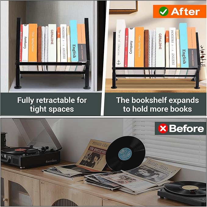 Expandable Desktop Bookshelf Organizer, Metal Office Tabletop Book Storage Rack, Large Tilting Bookcase for Books/CDs/Magazine Display, Desk Shelf for Top of Desk in Living Room, Home, Office (Black)