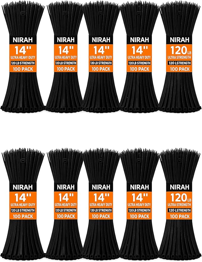 14 inch Zip Ties Black (1000 Pack) 120lbs Ultra Heavy Duty Tensile Strength, UV Resistant, Self-Locking, Heavy Duty Nylon Cable Ties Wire Ties for HVAC, Home, Office, Contractors, Businesses by Nirah