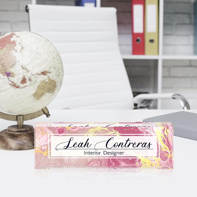 Personalized Name Plate for Desk Custom Acrylic Desk Name Plate Custom Employee Appreciation Gifts Office Gifts for Women, Men, Boss, Coworkers, Teacher, Nurse (Pink Flow Gold)