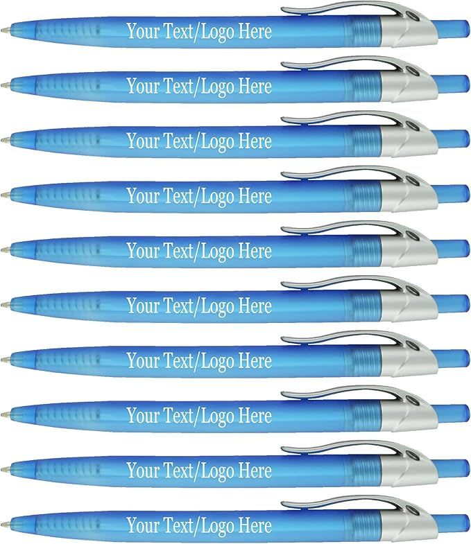 SyPen Personalized Pens With your Custom Logo or Text-500 Pack Bulk-for Businesses, Parties, and Events, Custom Printed Ballpoint Click Pens, Translucent Barrel, Light Blue Pen, Black Ink