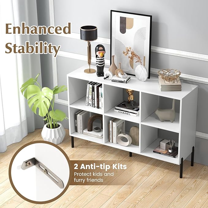 Giantex 6 Cube Bookcase, 3-Tier 47" Long Wood Bookshelf w/ 5 Metal Legs, Adjustable Shelf, Anti-toppling Device, 31.5" Tall Floor Open Shelf Bookcase, Freestanding Wooden Cube Storage Shelves