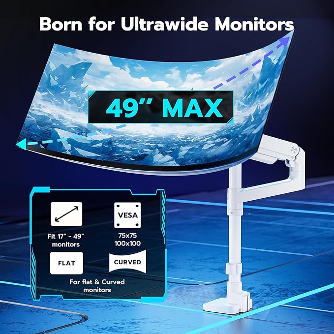 ARES WING Heavy-Duty Monitor Mount for 17-49 inches Ultrawide Curved Flat Monitors Holds 44lbs, with 18" Extended Column for Desk, Adjustable Gas Spring, White